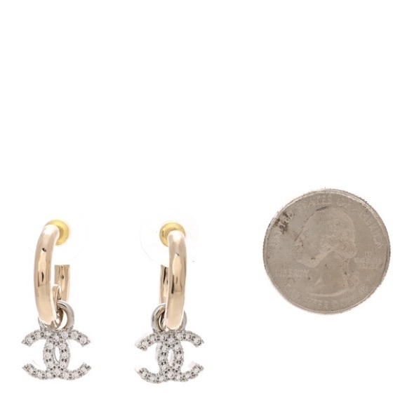 Chanel 22S Crystal Metal CC Logo Dangle Drop Statement Hoop Earrings Gold Silver - Picture 3 of 6